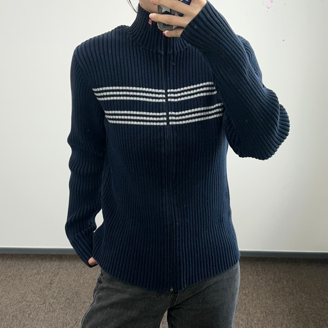 Polo 폴로 진스 넥 자수 포인트 네이비 니트집업 상품이미지1