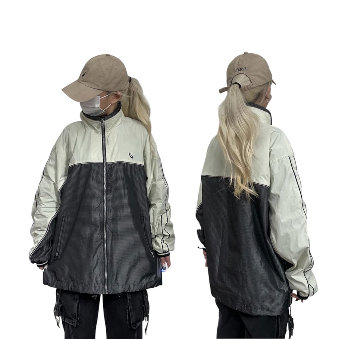 아식스 블랙 아이보리 올드스쿨 오버핏 바람막이 트랙 자켓 L 상품이미지1