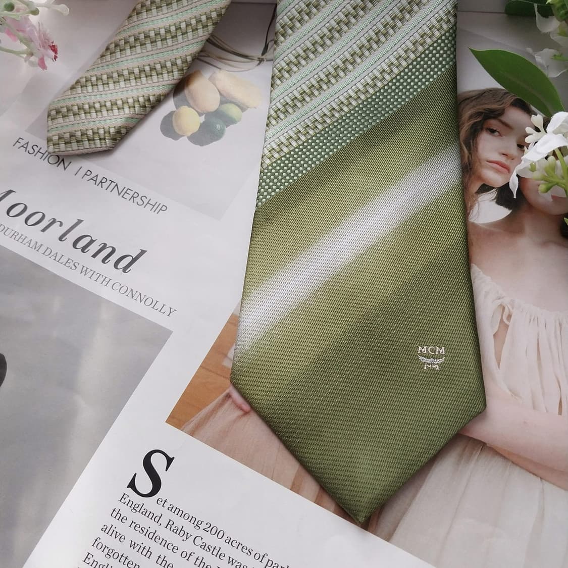 MCM 실크 그린 스트라이프 텍스처 넥타이 8.7cm A+등급 K1608 상품이미지4