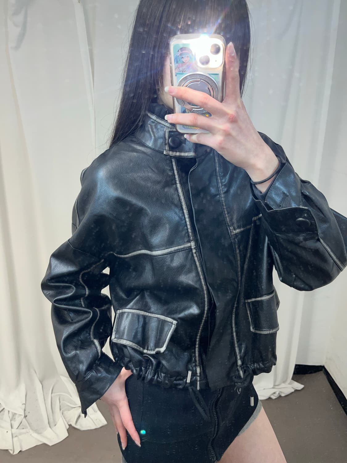 블랙 워싱 버튼 레더 자켓 상품이미지7