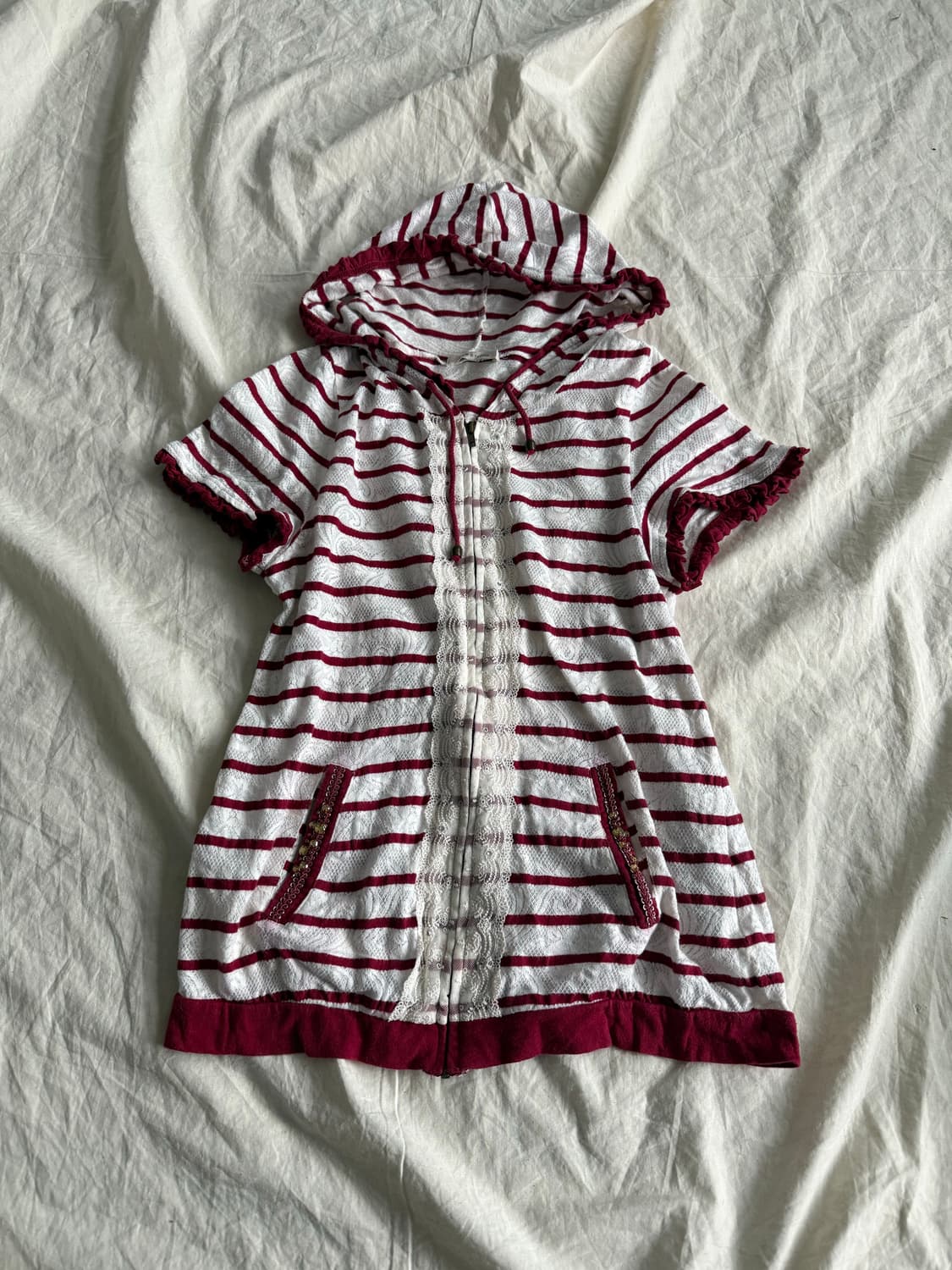 엑시즈팜 체리레드 니혼진 너드 단가라 레이스 집업 상품이미지1