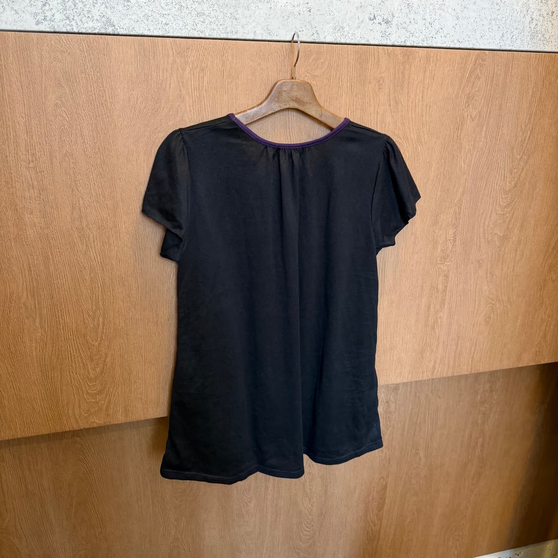 빈티지 반팔 롱 티셔츠 셔링 퍼플 배색 디테일 루즈핏 블랙 상품이미지2