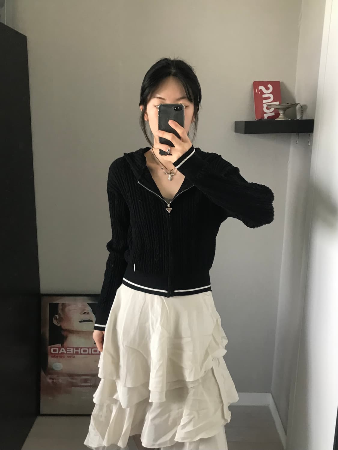 게스 케이블 블랙 니트 후드집업 상품이미지1