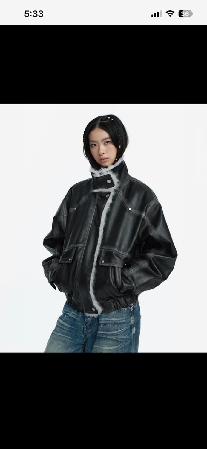 러프넥 워싱 레더 무스탕 자켓 그레이 상품이미지1