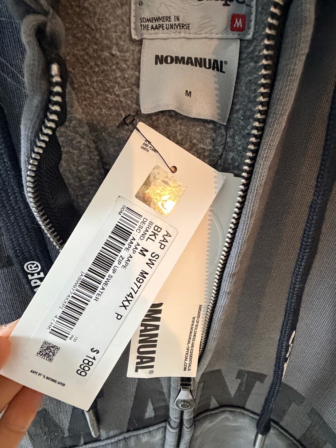 노메뉴얼 x 에이프 후디 차콜 M 새상품 상품이미지5