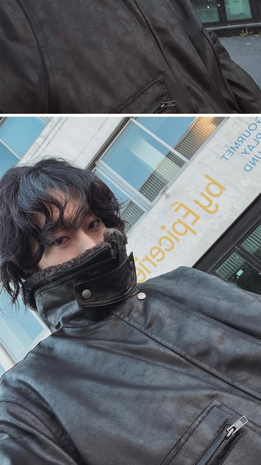 로우칸 크랙 숏 무스탕 블랙 상품이미지1