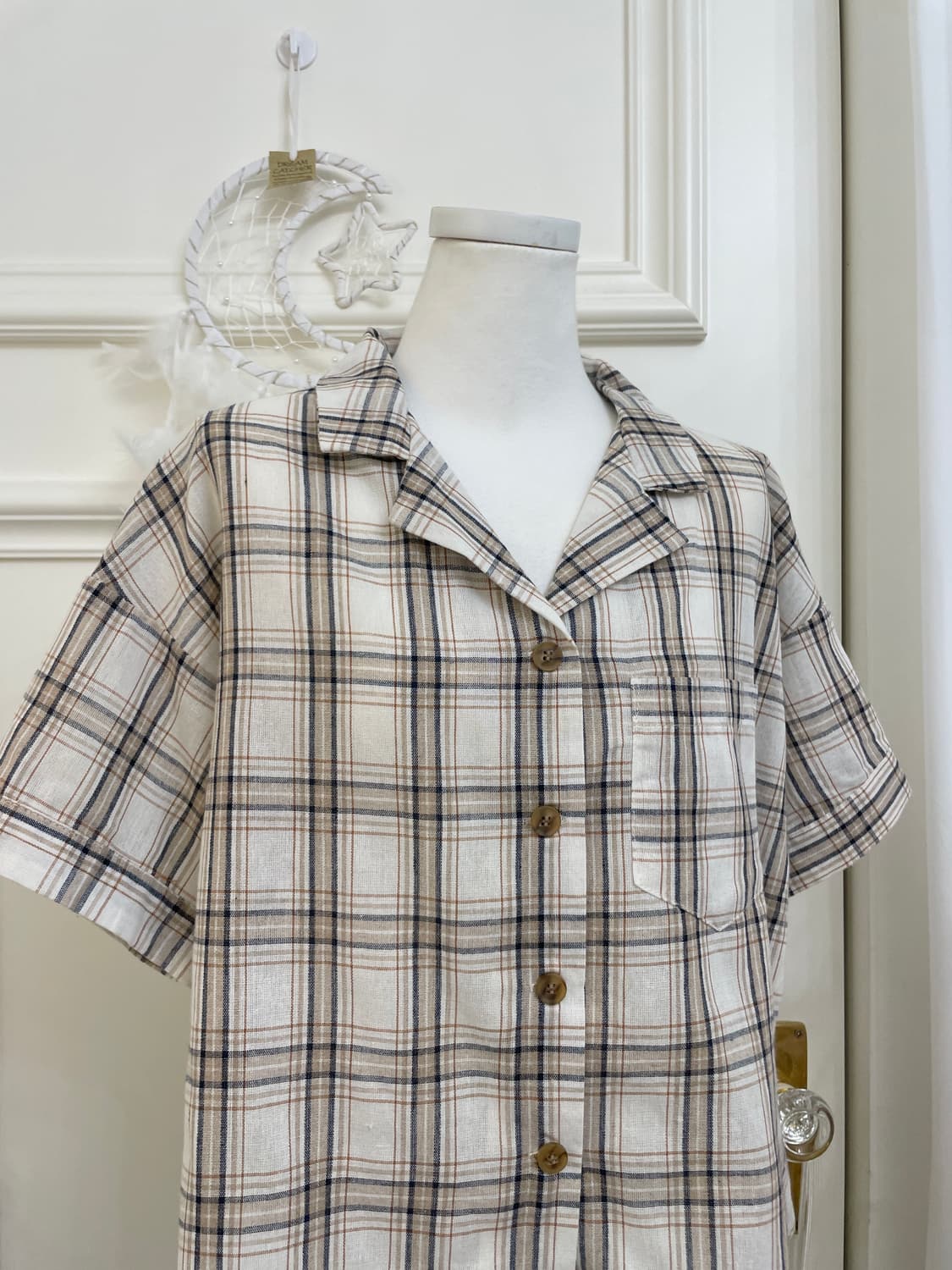 beige navy check crop summer shirt 상품이미지5