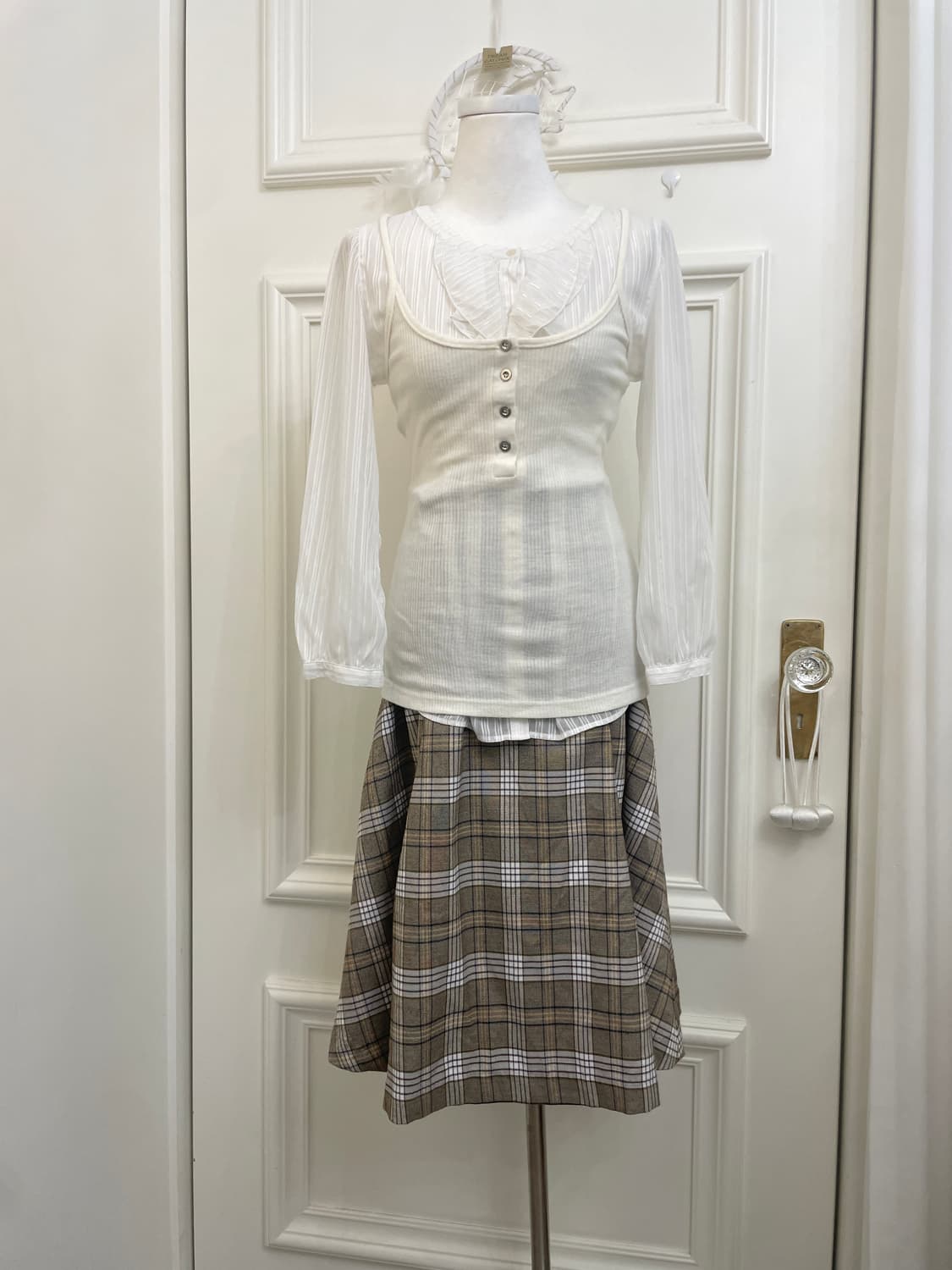 beige brown check pleats banding skirt 상품이미지8