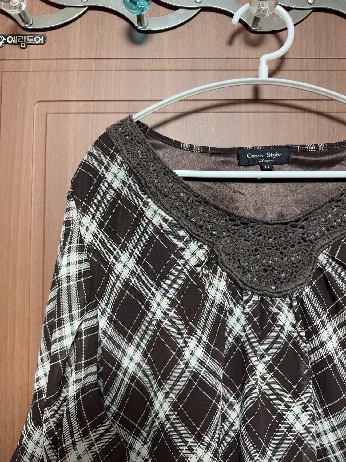모리걸 하구미 히피 일본 빈티지 크로셰 브라운 체크 블라우스 상품이미지3