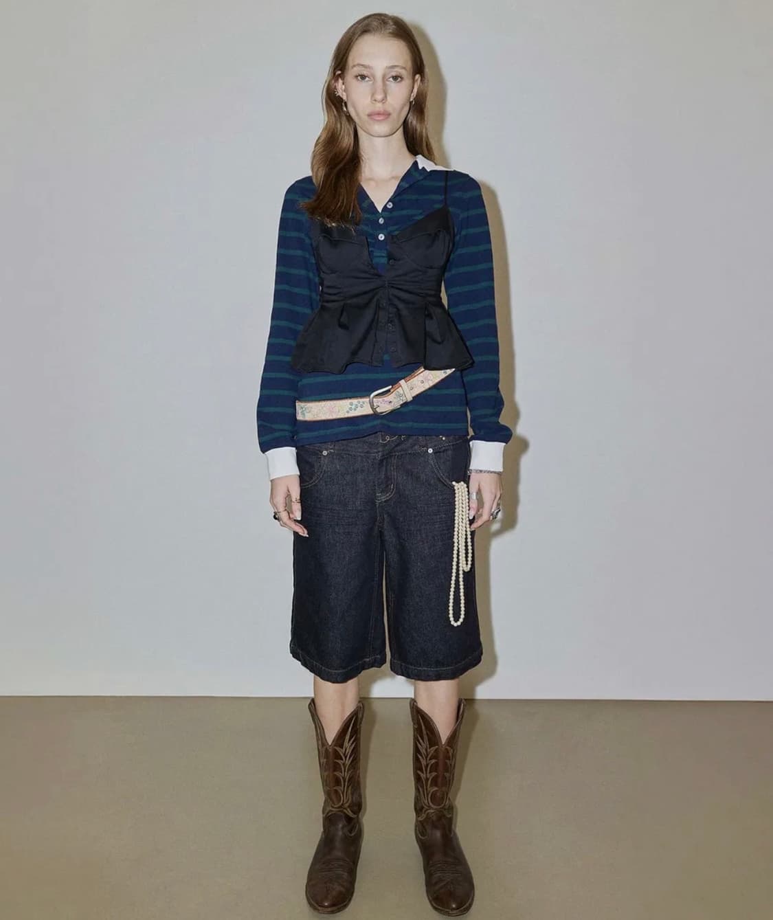 스컬프터 셔링 테니스 셔츠 네이비그린스트라이프카라티롱슬리브론론헨리넥셋업엑 상품이미지6