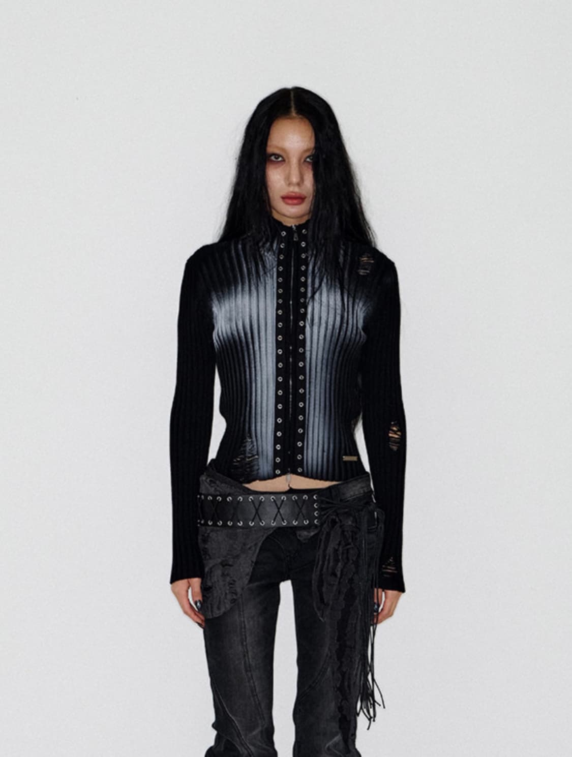 Cross Damaged Knit Zip Up (BLACK) 상품이미지5