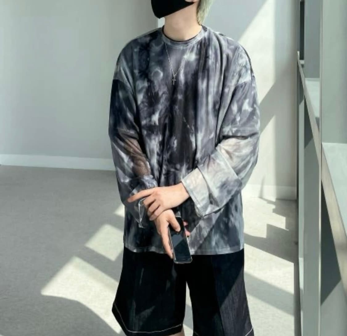 에이블리 타이다이 마블 나염 시스루 레이어드 긴팔 티셔츠 블랙 상품이미지2