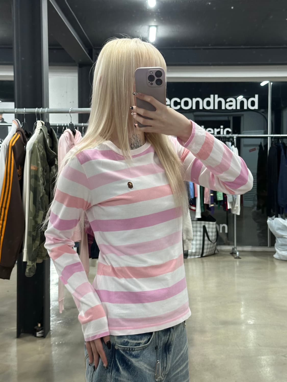  베이프 마일로 미니자수 스트라이프 핑크 긴팔 슬리브 상품이미지2