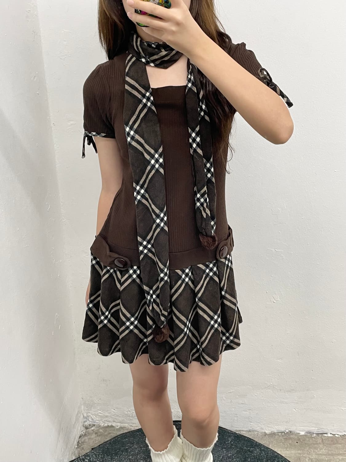 라떼갸루 체크 플리츠 원피스 머플러 세트*레어 상품이미지6