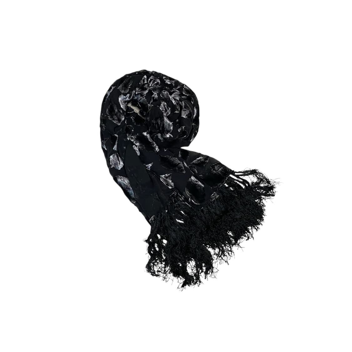 Velvet black leaf tassel scarf 상품이미지1