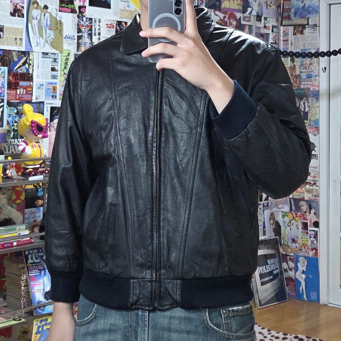 JPN 체크 안감 소가죽 블랙 봄버 자켓 상품이미지1