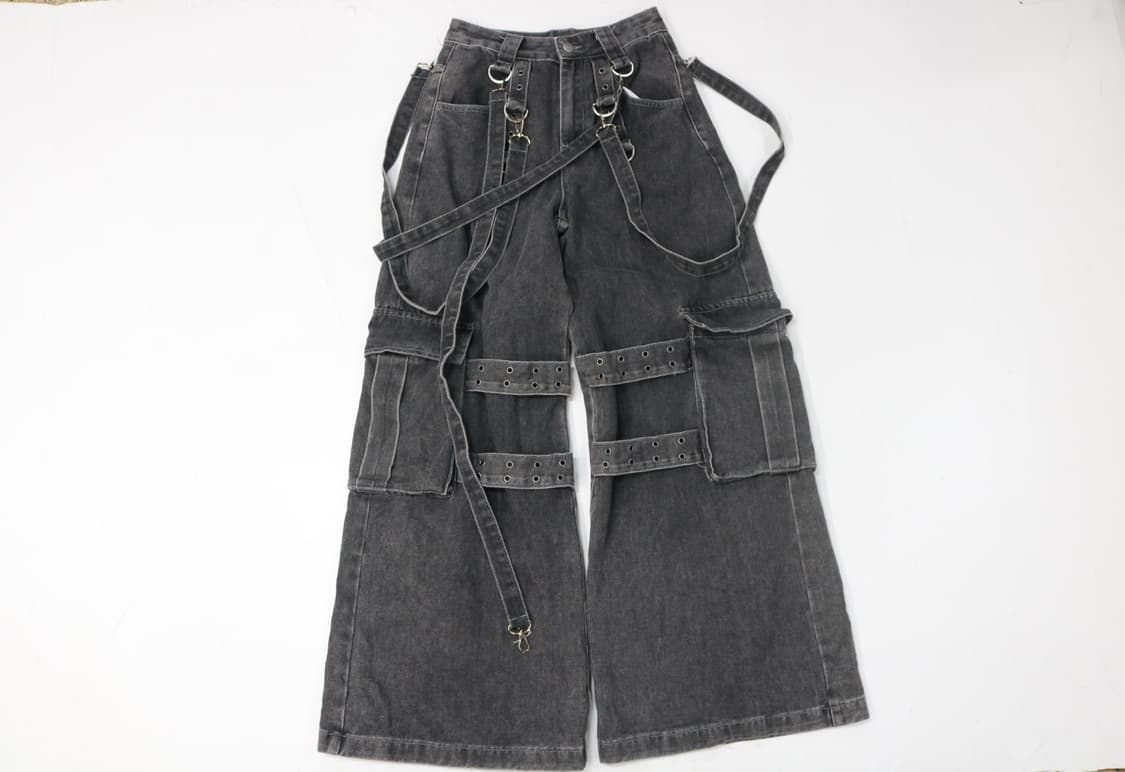 빈티지 블랙 워싱 멀티 스트랩 카고 와이드 데님 팬츠 상품이미지2