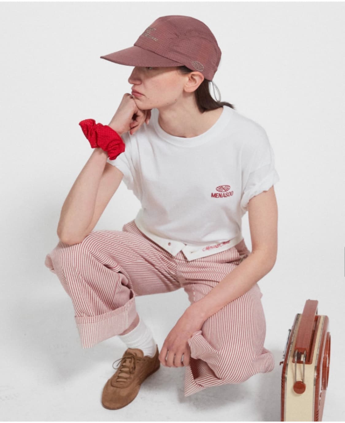 미나수 레드스트라이프 코튼 와이드팬츠 (S-M) 상품이미지2