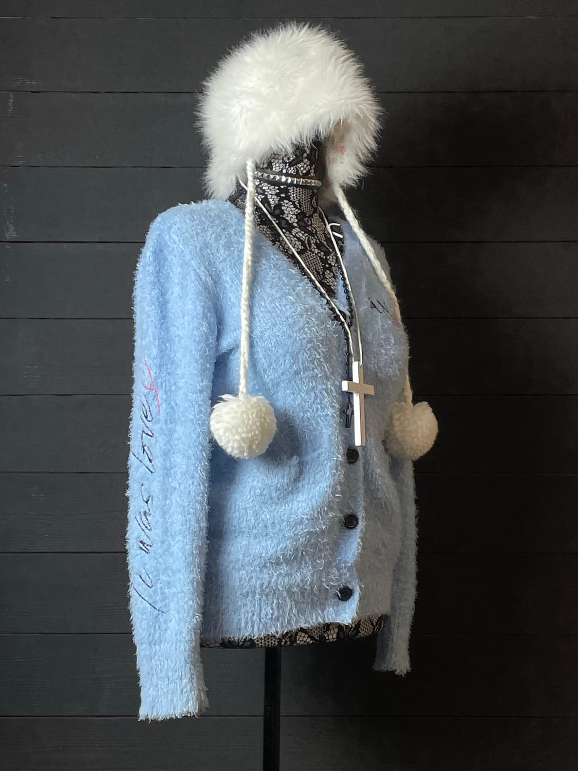 JPN 앙고라 퍼 레터링 하늘색 블루 가디건 상품이미지2