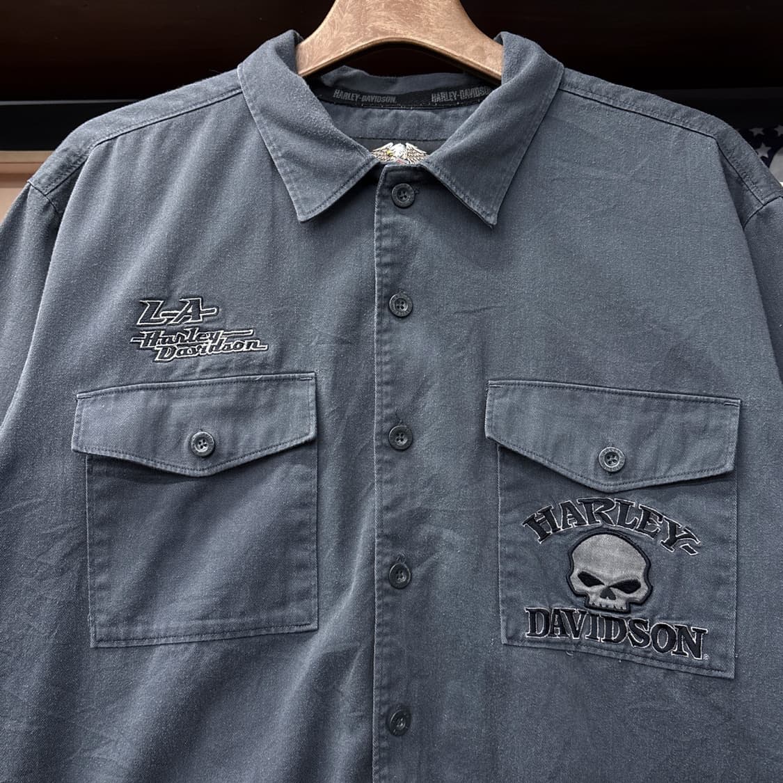 00s 할리데이비슨 윌리 G 스컬 엠브로이드 코튼 바이커 셔츠 N1186 상품이미지3