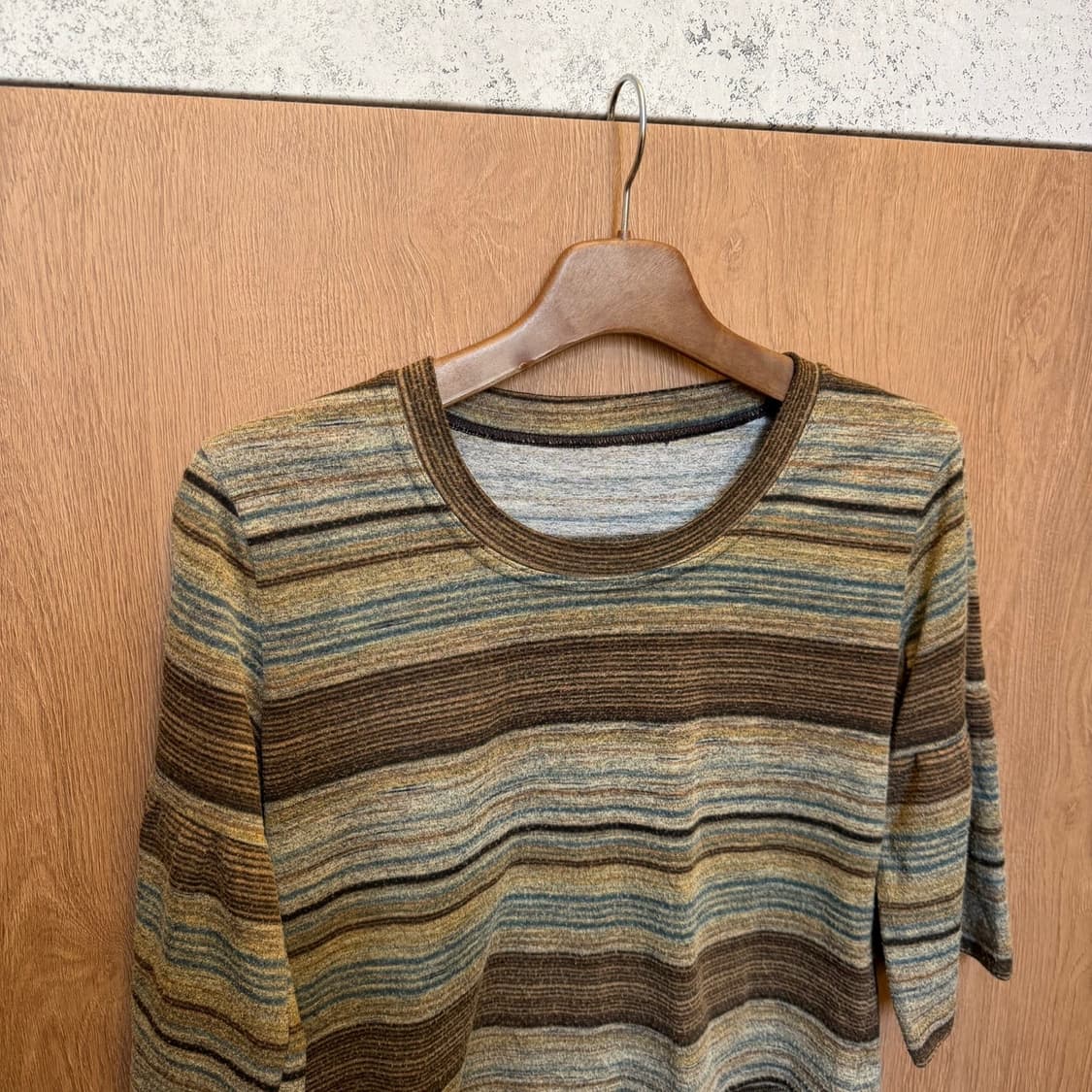 빈티지 코튼 7부 티셔츠 배색 스트라이프 패턴 라운드넥 디테일 브라운 상품이미지3