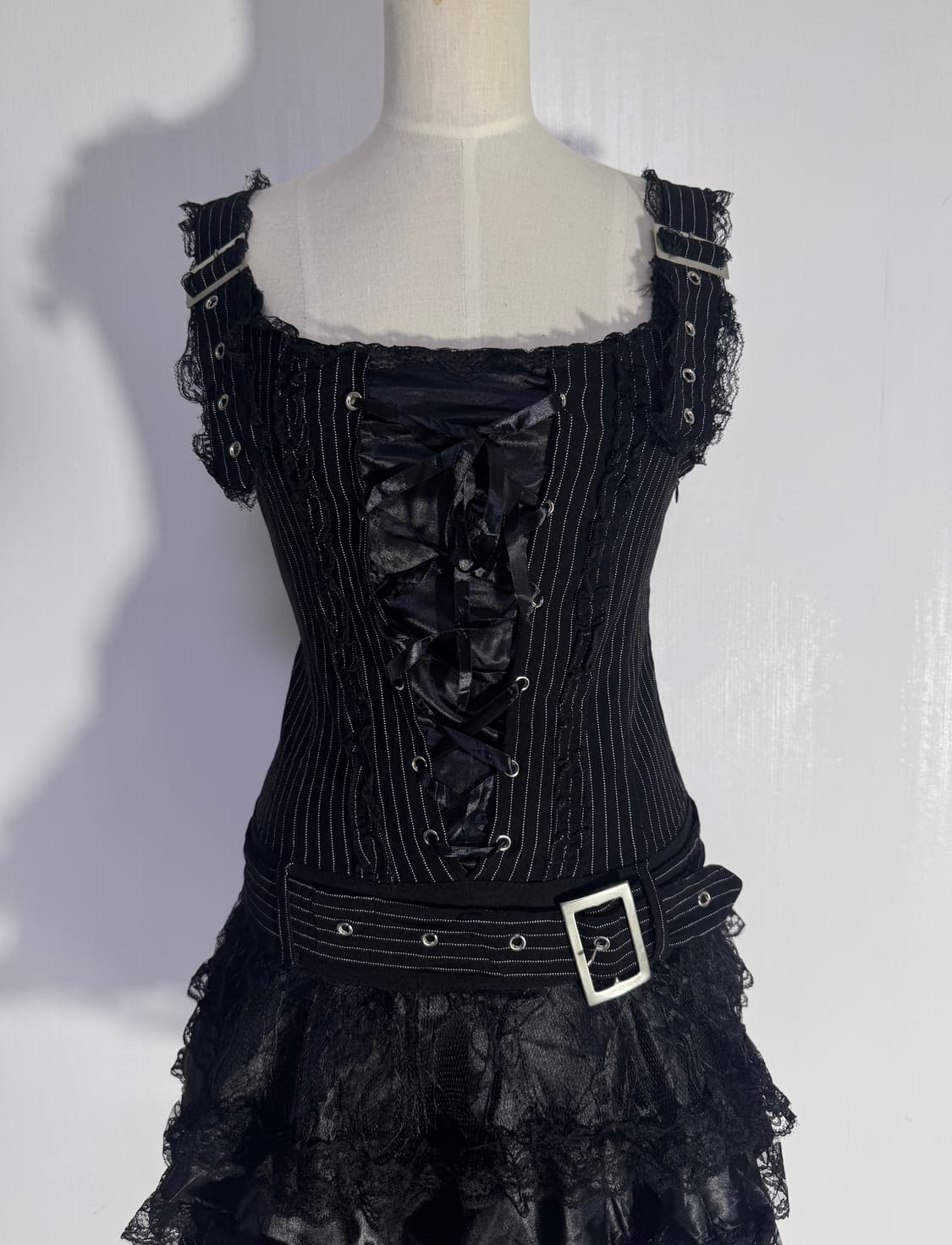 Acdc rag 핀 스트라이프 드레스 고딕 로리타 레이스 y2k 상품이미지4