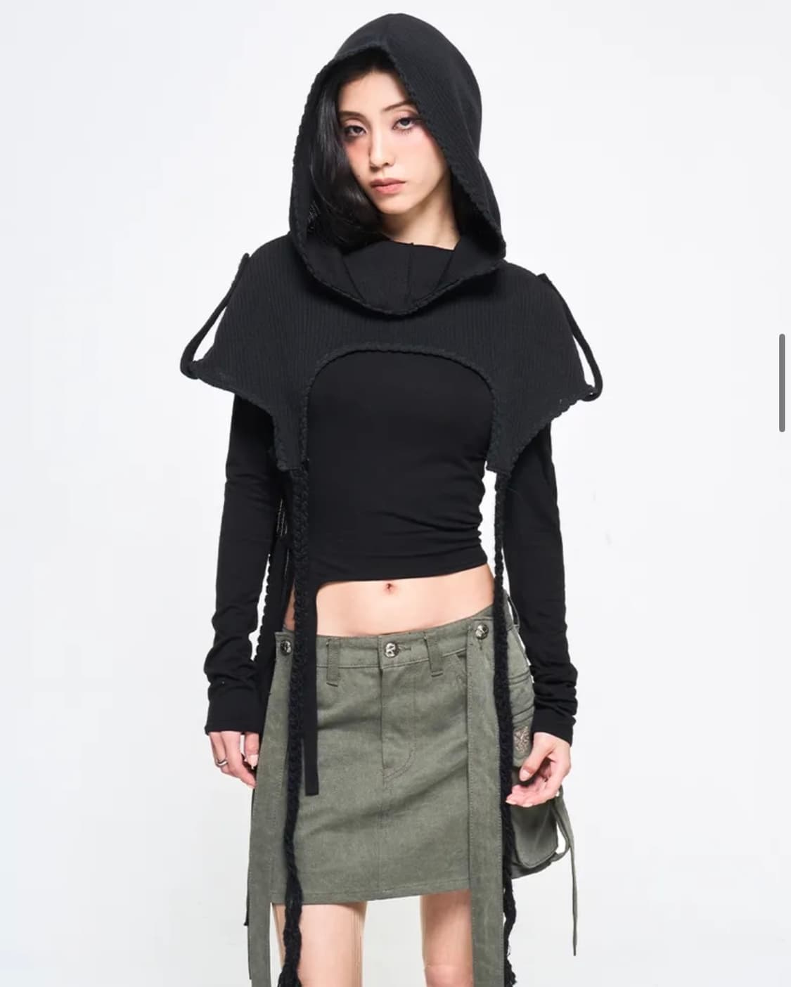 yeel BRAIDED STRAP CAPE HOODIE BLACK 상품이미지3