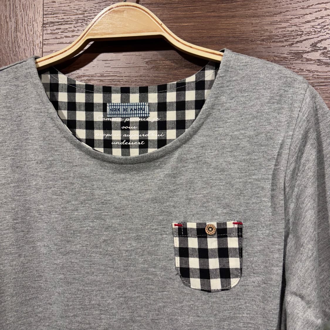 일본 빈티지 코지 그레이 체크 배색 모리 반팔 티셔츠 상품이미지5