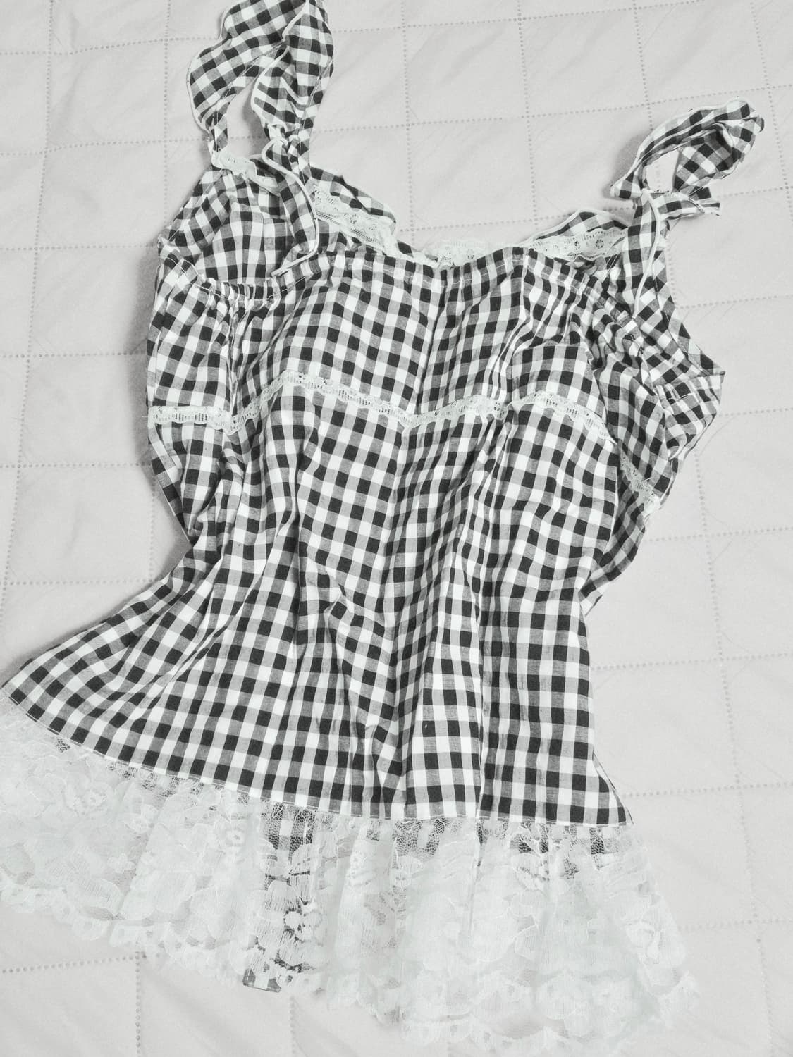 블랙 화이트 무채색 체크 슬리브리스 일브 빈티지 갸루 고딕 레이스 핀터 상품이미지3