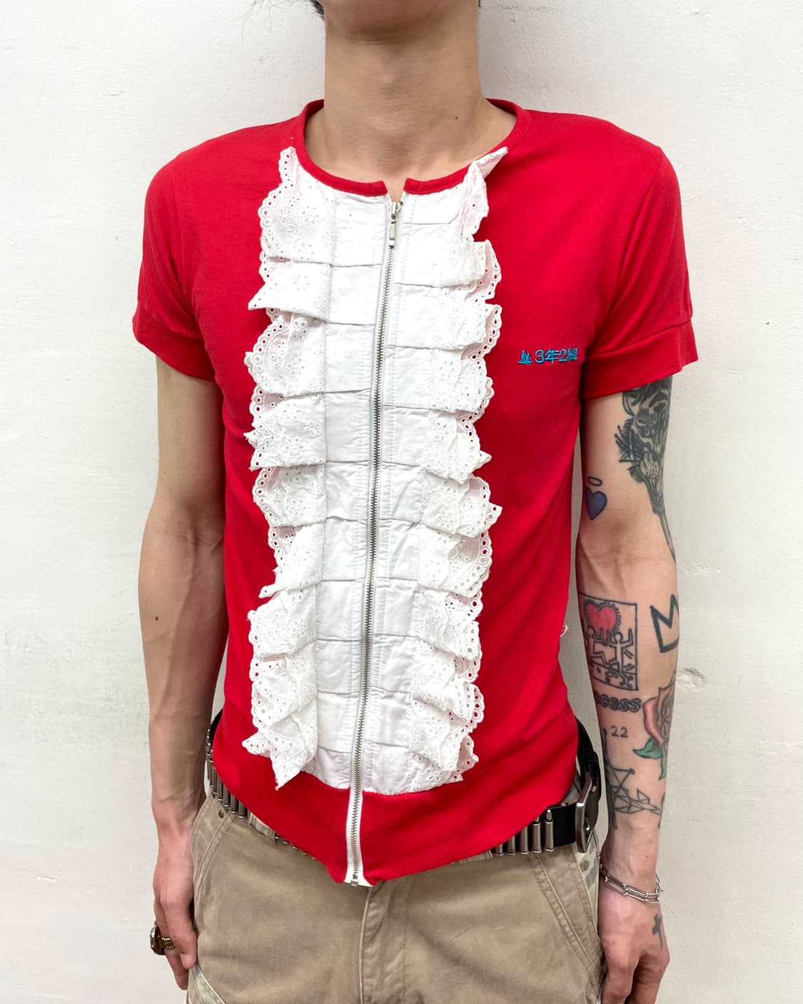 White lace-decorated zip-up T-shirt 상품이미지3