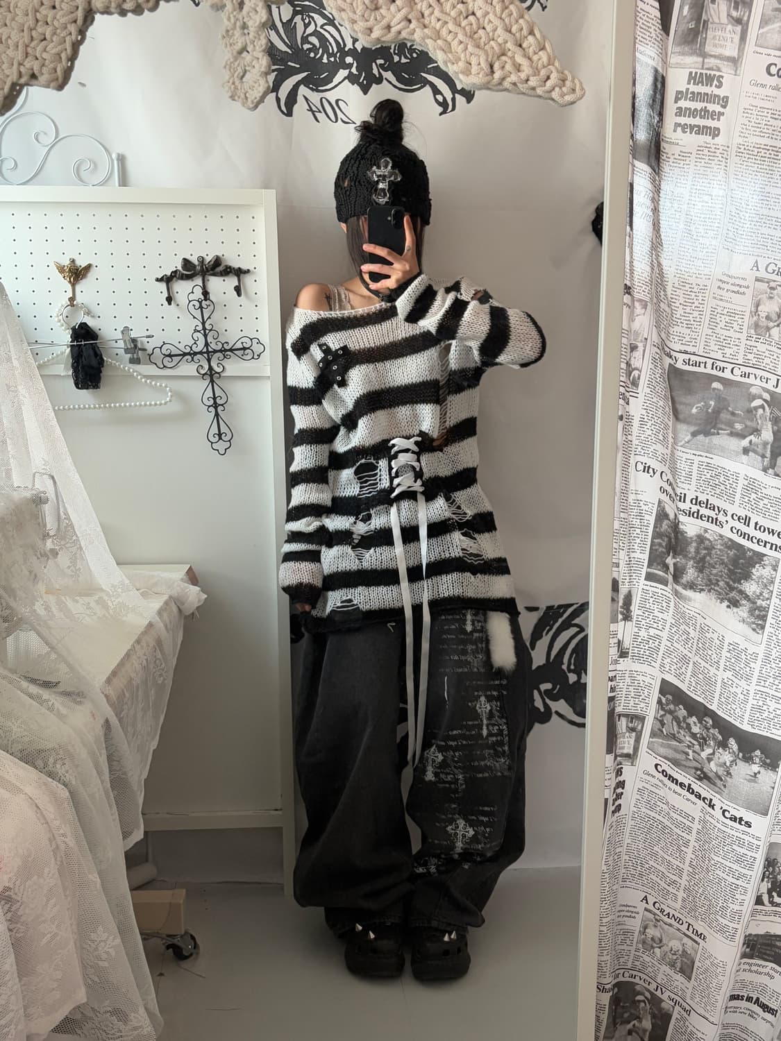 • striped eyelet cross knitwear 상품이미지3