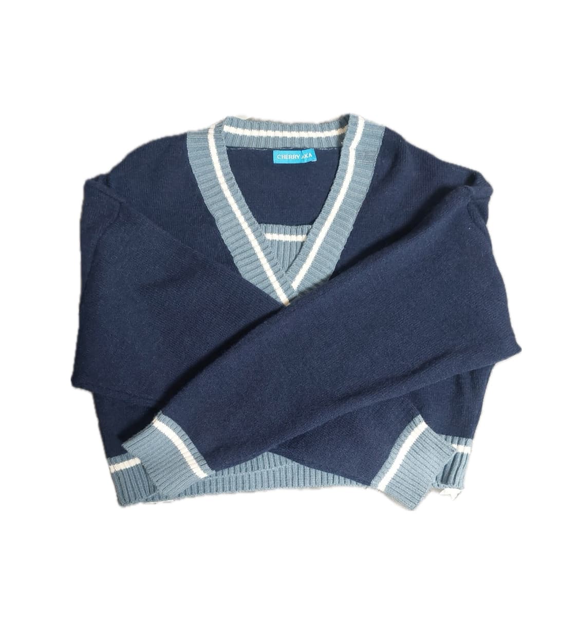 빈티지 브이넥 크롭 네이비 니트  상품이미지2
