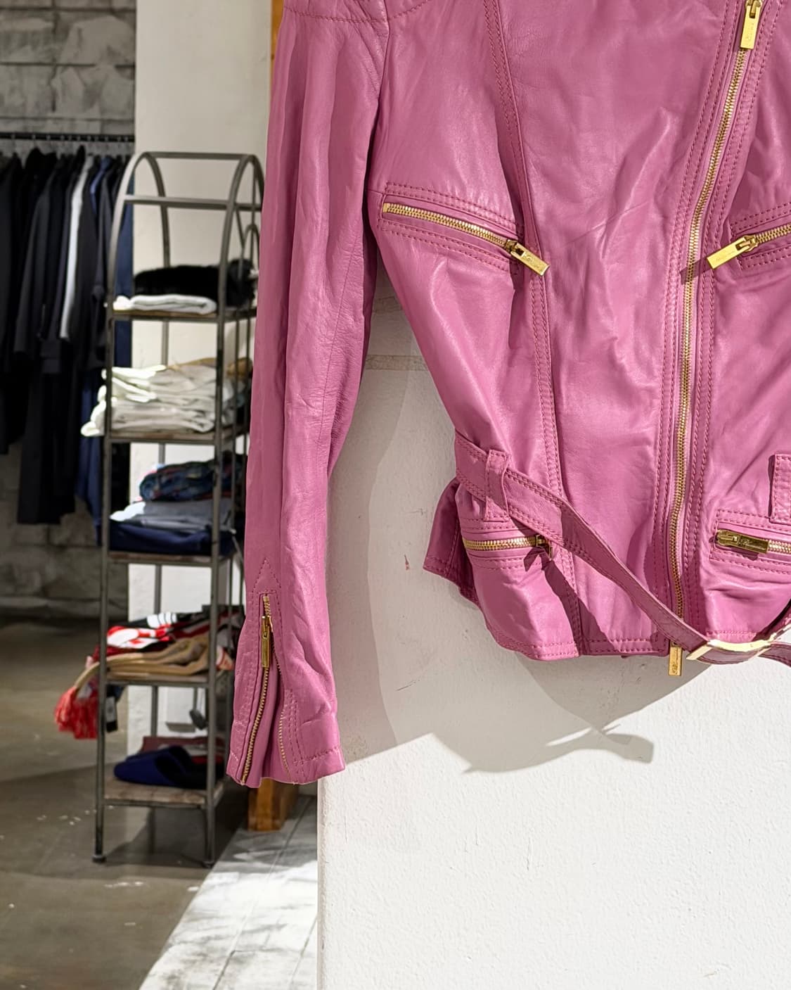 블루마린 핑크 쉽스킨 레더 바이크 자켓 상품이미지5
