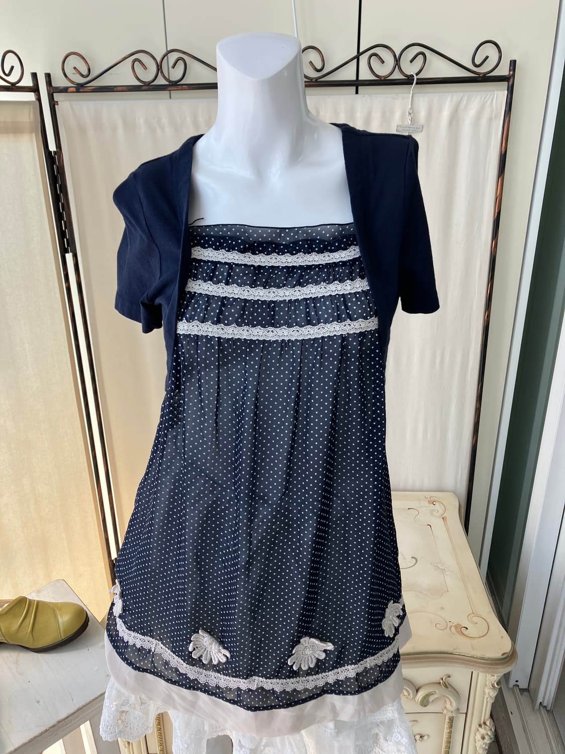 mori layered dot crochet shirring blouse 상품이미지1