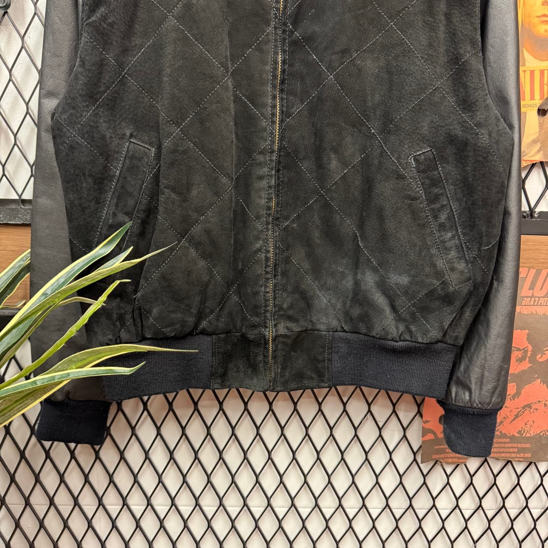00s JPN VINTAGE 스웨이드 양가죽 믹스 퀼팅 봄버 자켓 블랙 상품이미지4