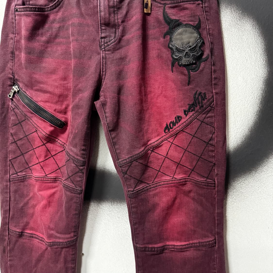 VTG 빈티지 락 , 고스 펑크 멀티 스컬 레더 패치 바이커 데님 팬츠 상품이미지4