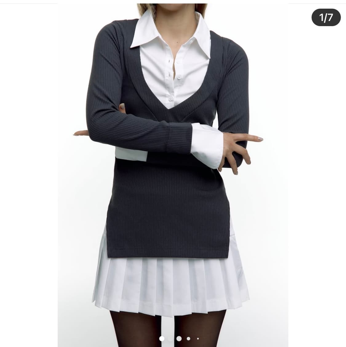 카시코 셔츠레이어드 니트스커트세트 m 차콜 상품이미지2
