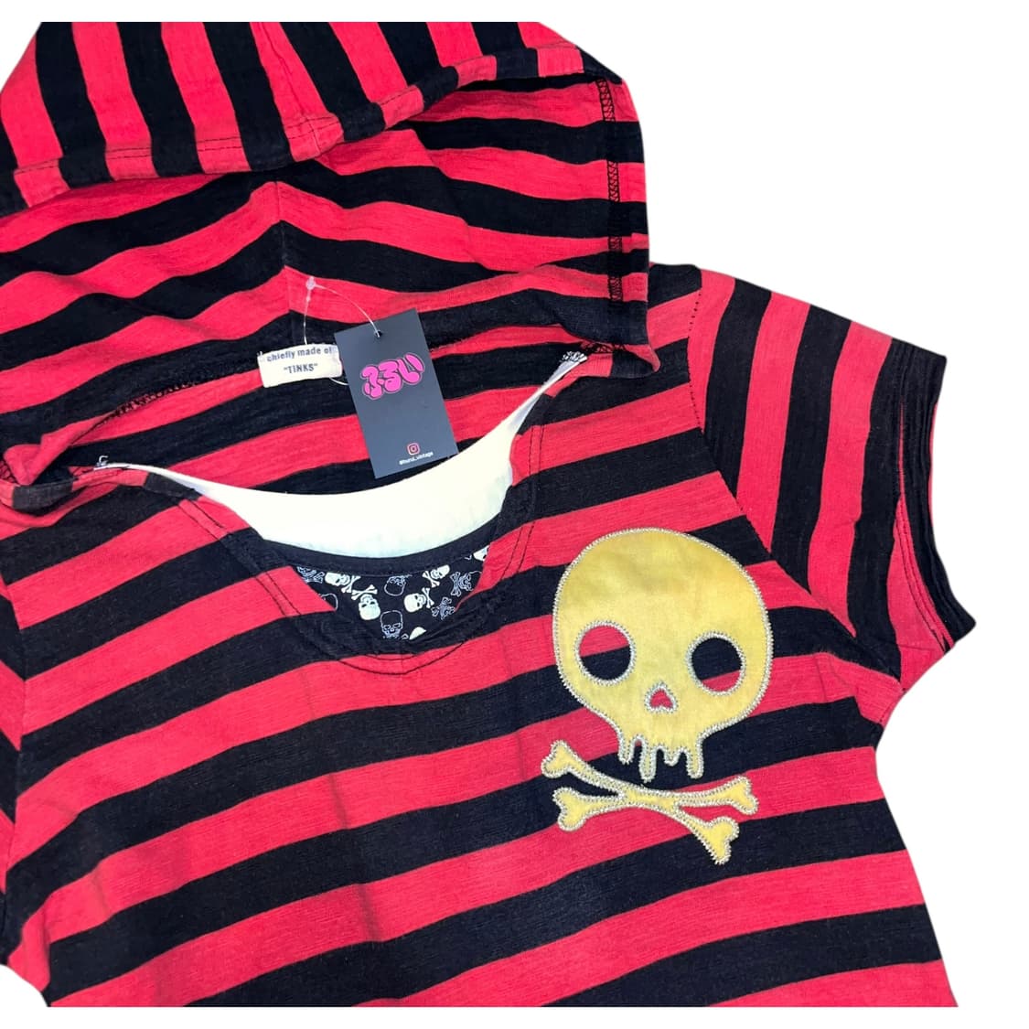 해골패치자수 레이어드 단가라 후드 반팔티 펑크키치y2k 상품이미지2