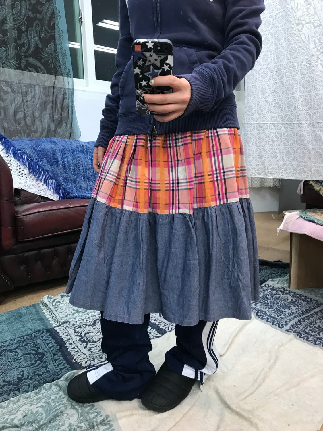 빈티지 여성 밴딩 체크 미디스커트  상품이미지1