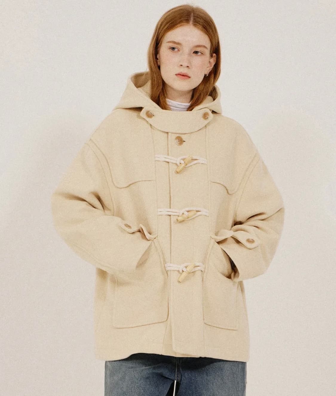 키뮤어 우먼 울 후드 더플 하프 코트 라이트 옐로 상품이미지1