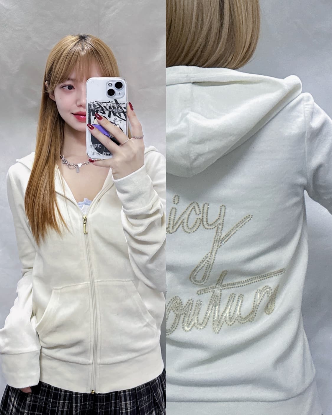 쥬시꾸띄르 빅로고 화이트 벨벳 후드집업  상품이미지1