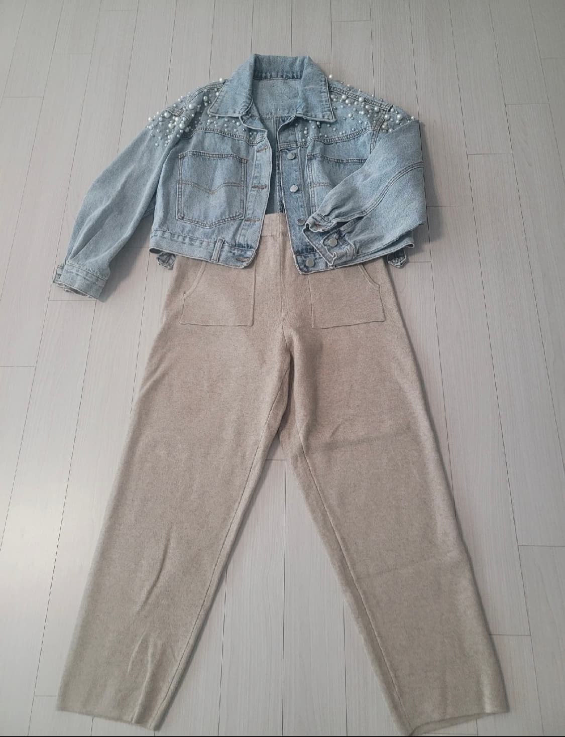 새상품  진주 장식 크롭 데님자켓 상품이미지1