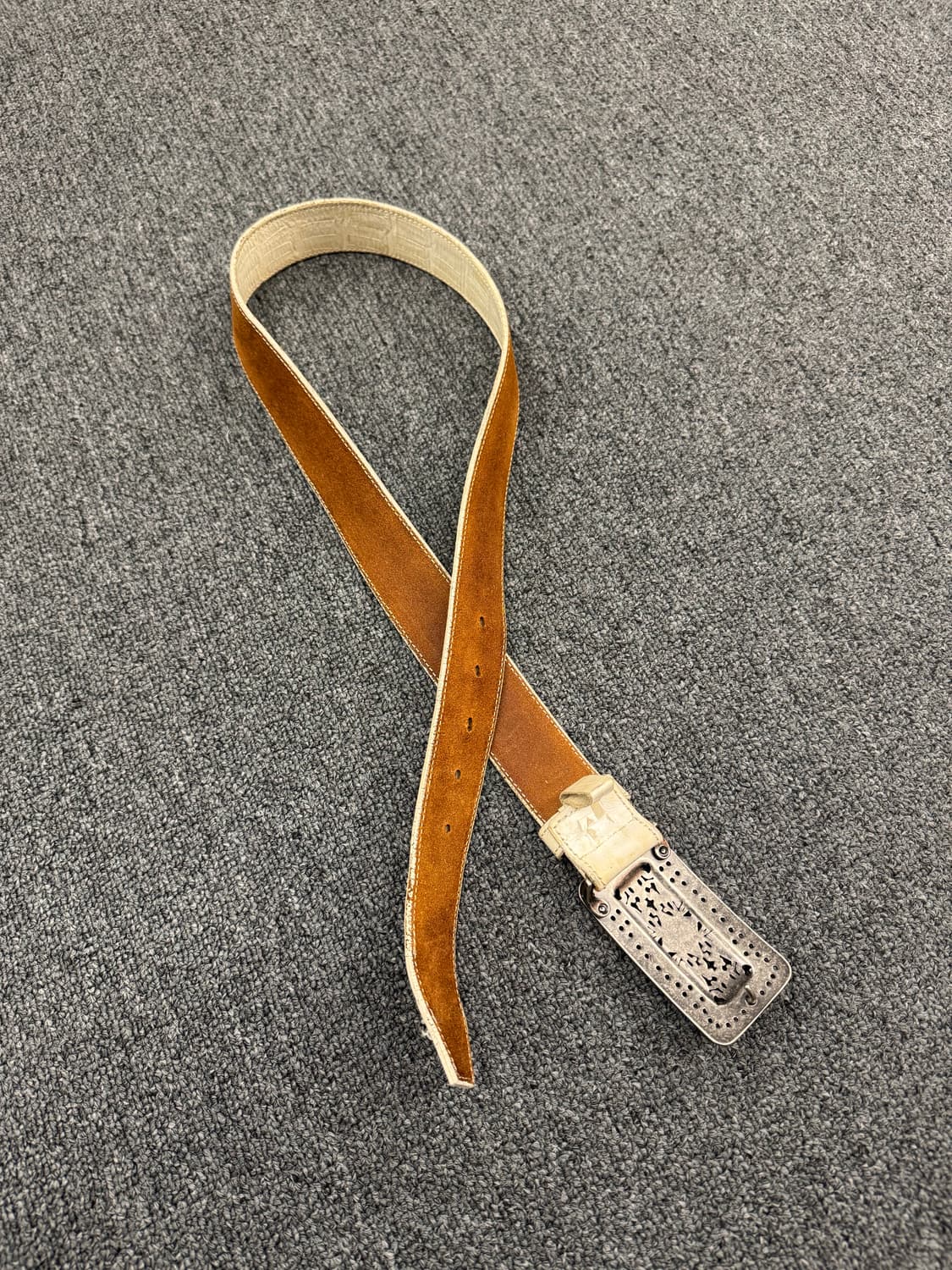 Vintage 버클 악어가죽 패턴 화이트 가죽 벨트 상품이미지4