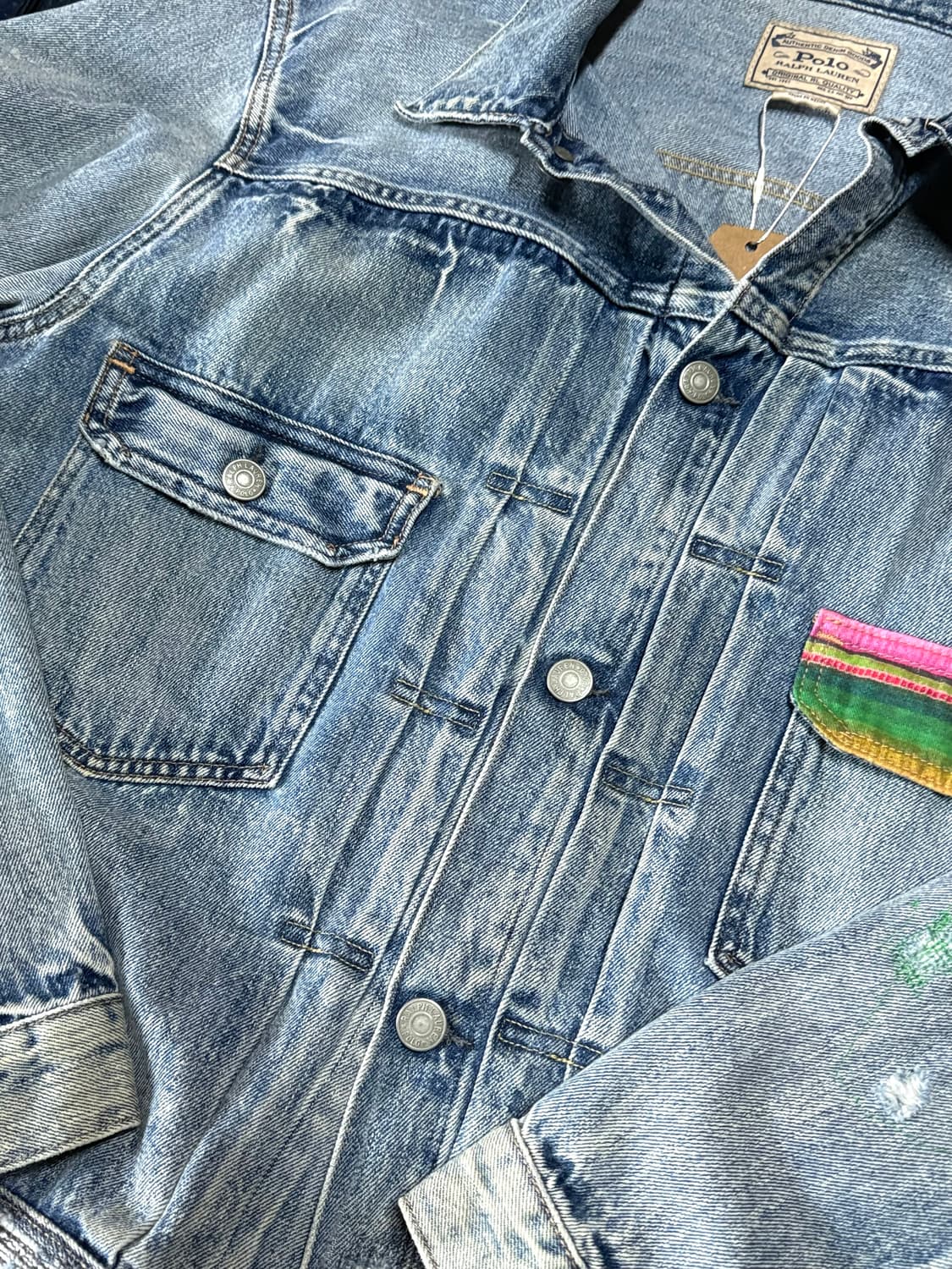 폴로 랄프로렌 렌턴 디스트레스드 리페어 패치워크 데님 트러커 자켓 L 상품이미지3