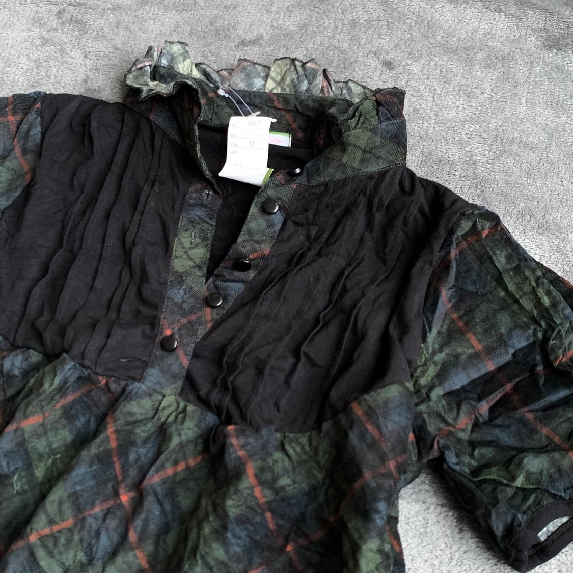 JPN Vintage 모리걸 그린 벨벳 체크 블라우스 상품이미지2