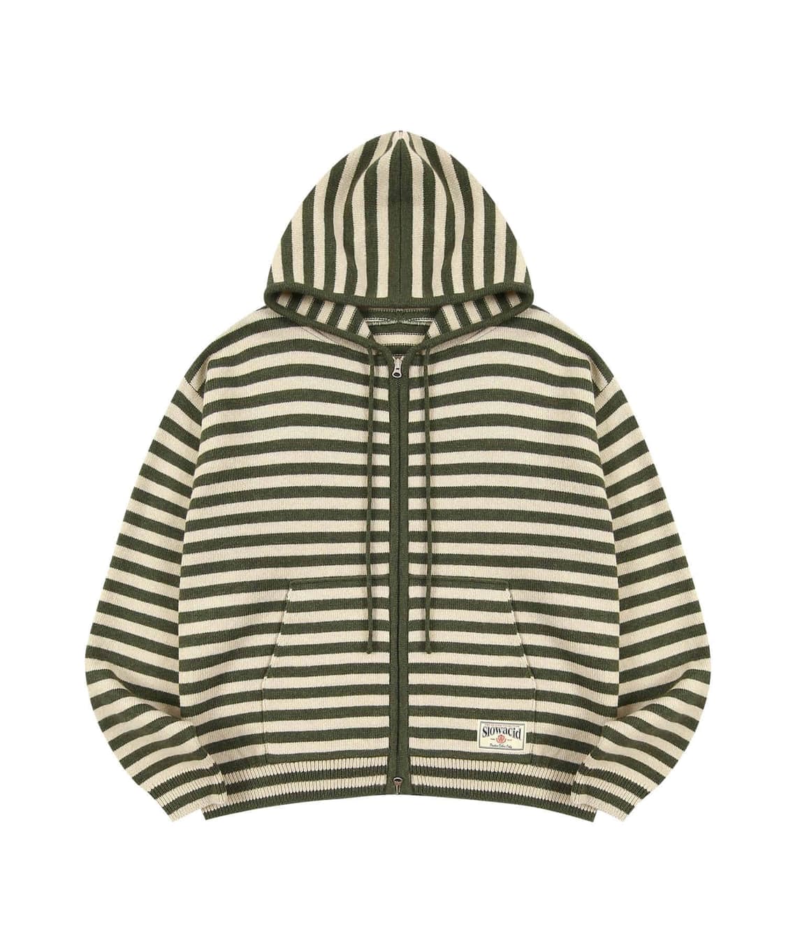 슬로우애시드 스트라이프 니트 후드집업 카키 상품이미지1