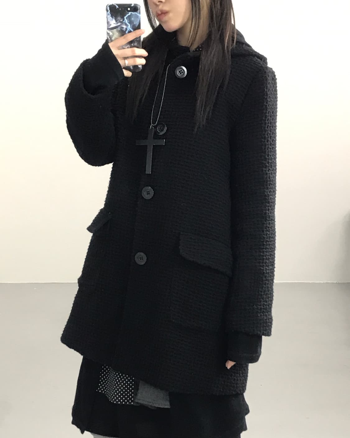 Jpn Textured Black Hooded Coat 상품이미지3