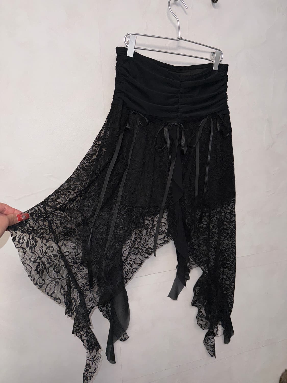 Black floral lace shirring ribbon skirt 상품이미지1