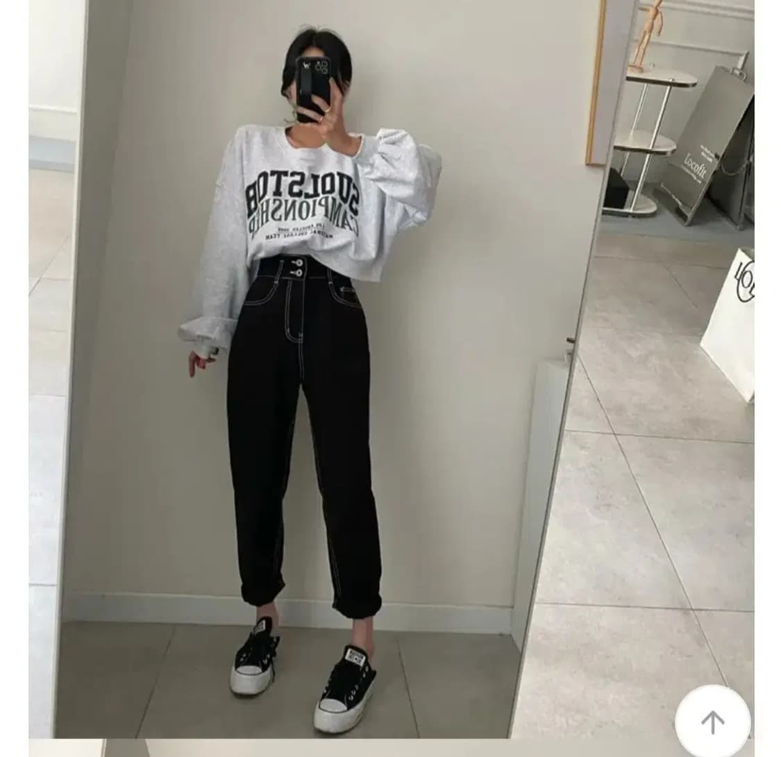 로코핏 스티치코튼배기핏블랙진데님팬츠여성배기바지와이드일자진스판청바지뒷밴딩 상품이미지4
