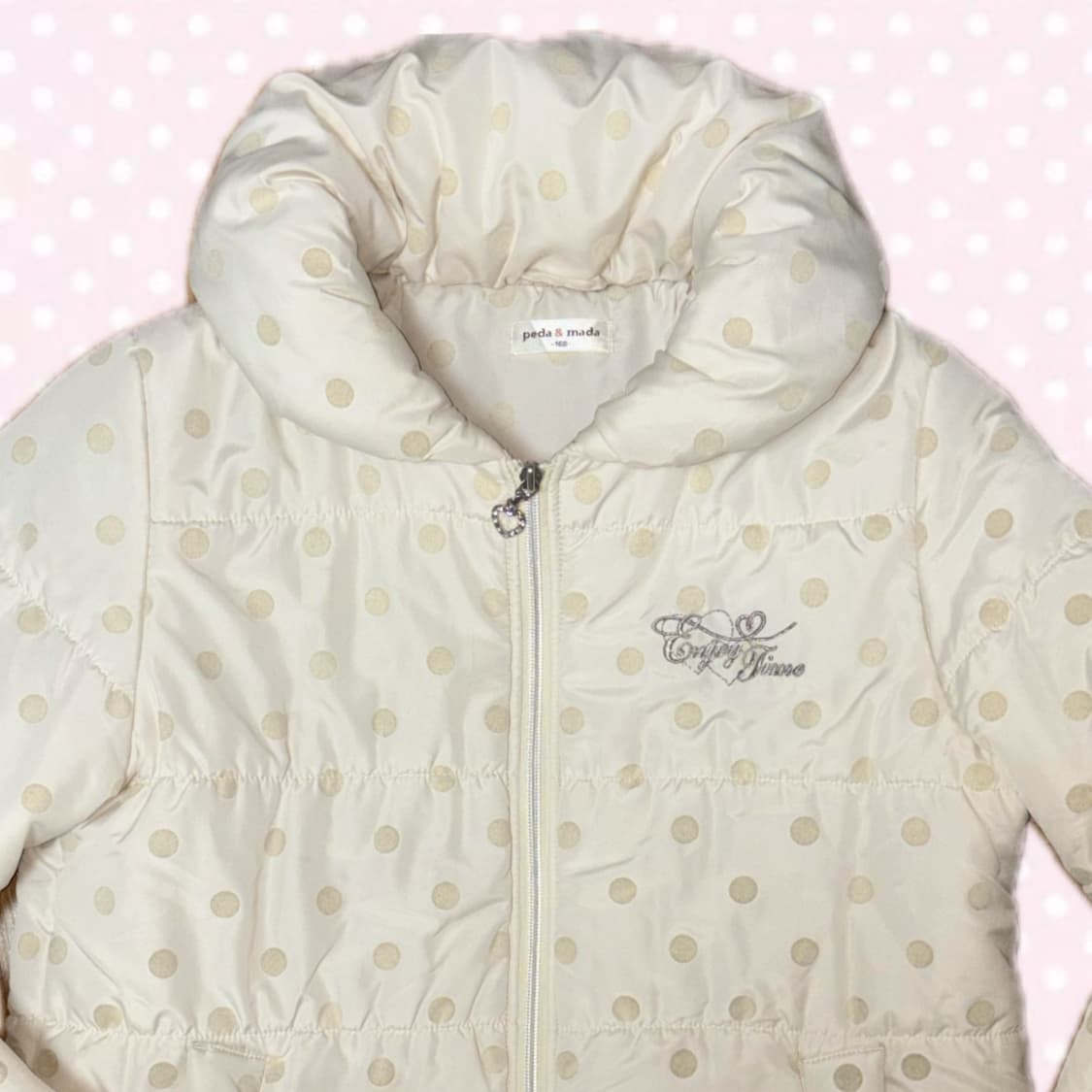 히메갸루 모리걸 아이보리 베이지 도트 리본 숏패딩 아우터 상품이미지2